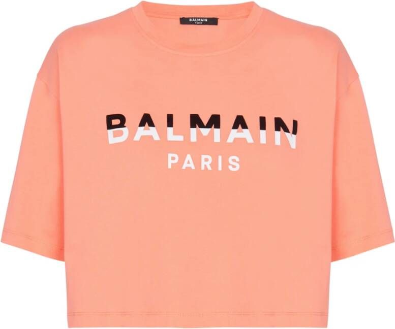 Balmain Flocked Paris cropped T-shirt Kort Paris T-shirt met flockprint Pink White Dames
