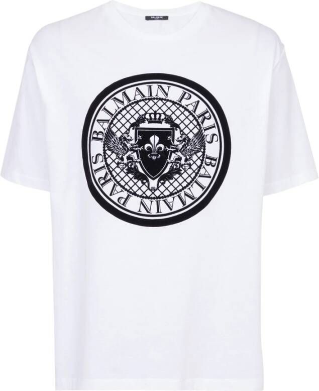 Balmain Katoenen T-shirt met geflockte medaillon White Heren
