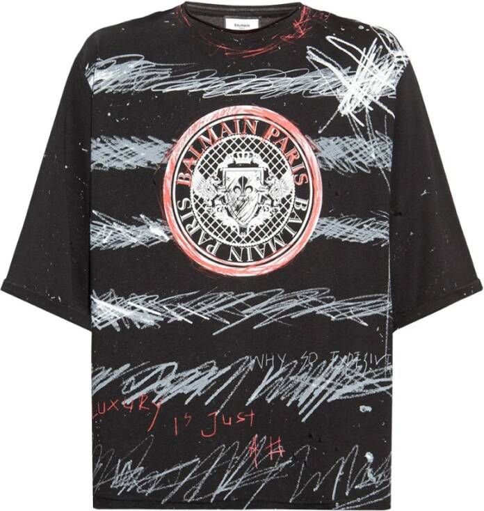Balmain Ebe Noir Blanc Rouge Losse T-Shirt Black Heren
