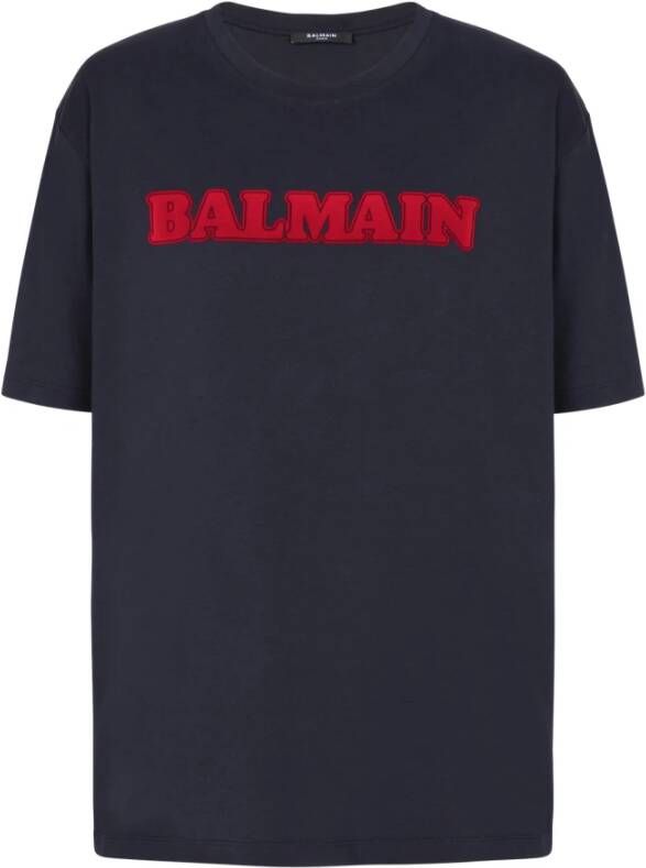 Balmain Blauwe Ribgebreide Crewneck T-shirts en Polos Blauw Heren
