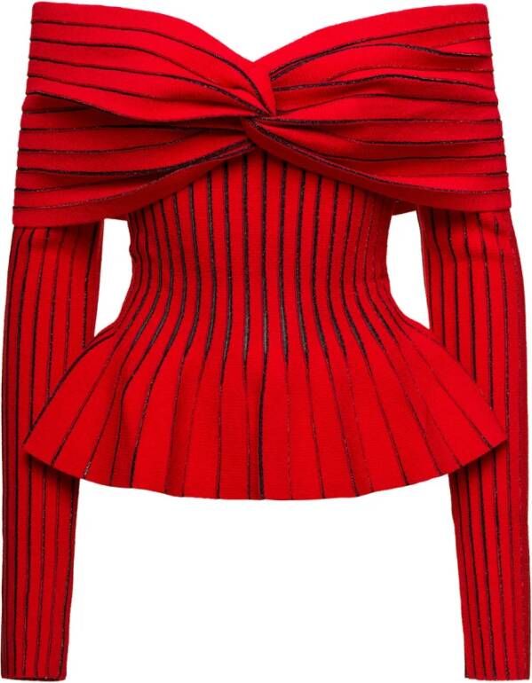 Balmain Rode Geknoopte Off-Shoulder Top Rood Dames