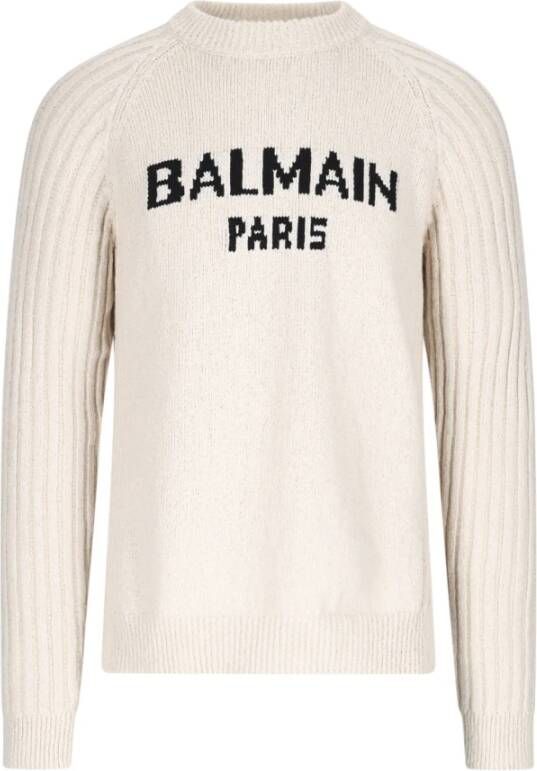 Balmain Logo Sweater met Geribbelde Afwerking White Heren