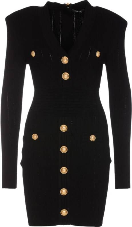 Balmain Zwarte Geëmbosseerde Knoop Mini Jurk Zwart Dames