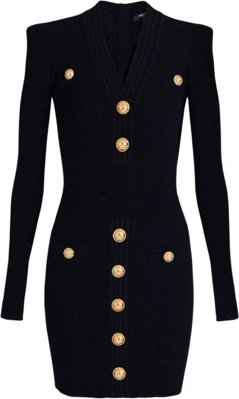 Balmain Korte ecologisch ontworpen gebreide jurk met goudkleurige knopen. Black Dames