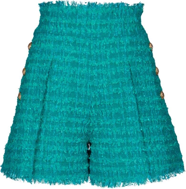 Balmain Tweed Shorts met hoge taille en franje detail Green Dames
