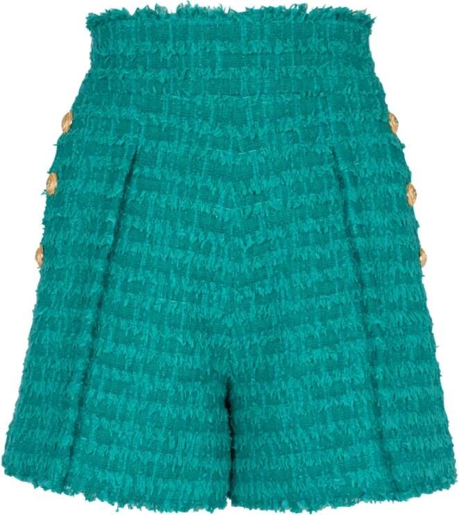 Balmain Tweed Shorts met hoge taille en franje detail Green Dames