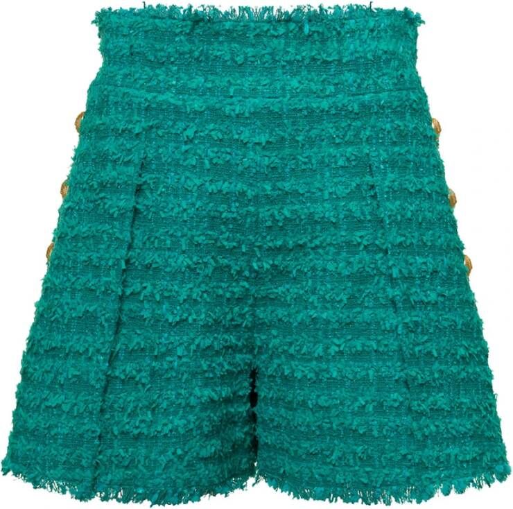 Balmain Tweed Shorts met hoge taille en franje detail Green Dames