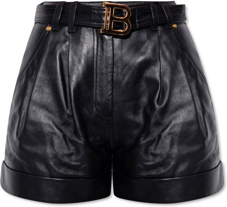 Balmain Hoge taille leren shorts Black Dames