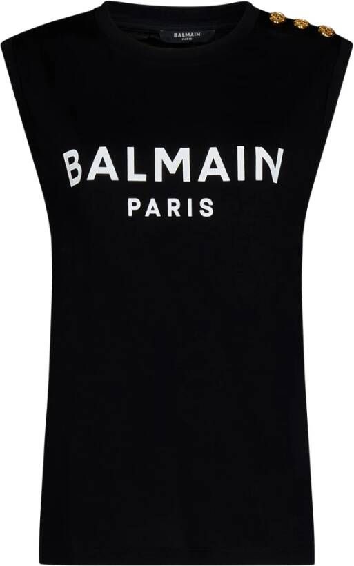Balmain Zwarte Geribbelde Crewneck Mouwloze T-shirts en Polos met Gouden Knopen Black Dames