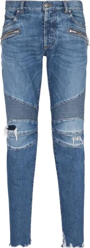 Balmain Blauwe Slim Fit Jeans met Geribbelde Knieën en Gescheurde Details Blue Heren