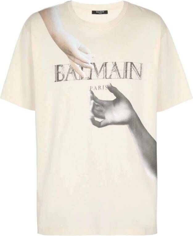Balmain Statue-Print Katoenen T-Shirt voor Heren Beige Heren