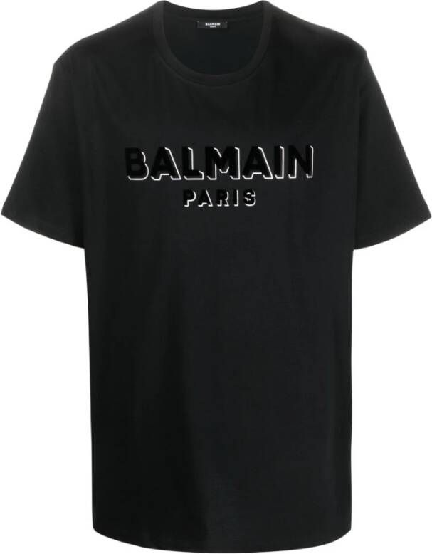 Balmain Zwart Logo T-shirt met Geribbelde Crew Neck Black Heren