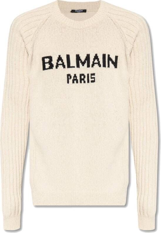 Balmain Logo Sweater met Geribbelde Afwerking Beige Heren