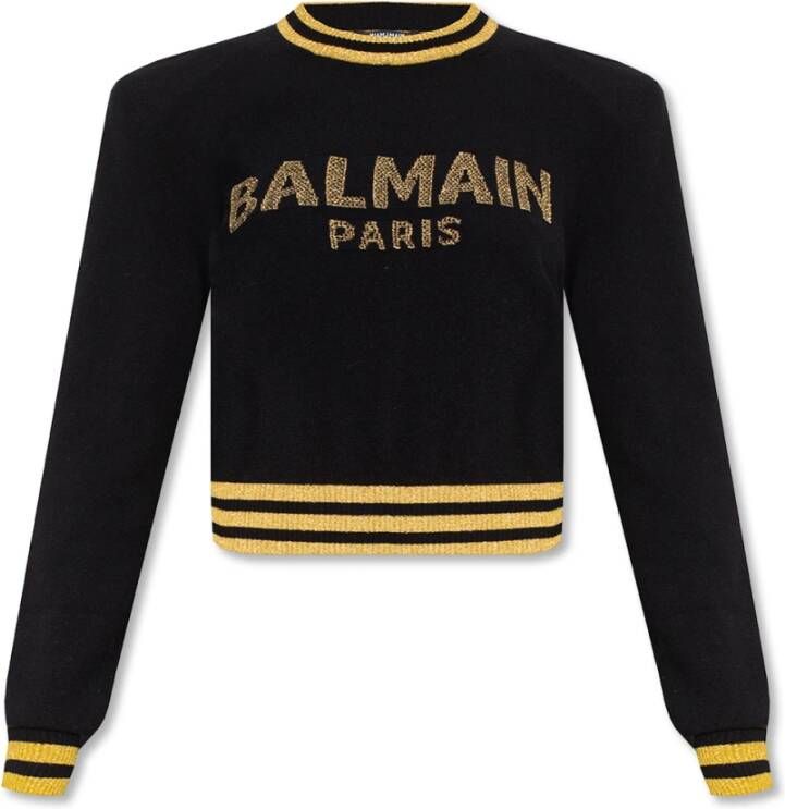 Balmain Cropped wool sweatshirt with gold logo Zwart Dames