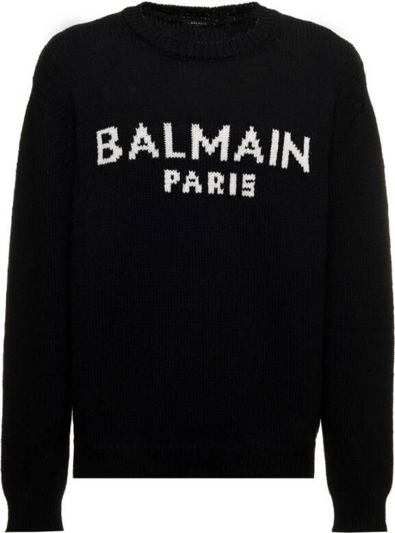 Balmain Zwarte Merinowollen Trui met Contrasterend Logo Black Heren