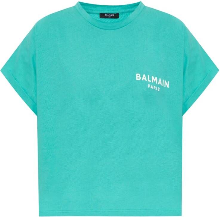 Balmain Eco-responsible cropped cotton T-shirt with logo print Blauw Dames