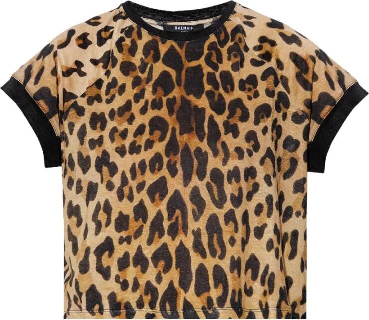 Balmain Geknipt linnen T-shirt met luipaardprint Brown Dames