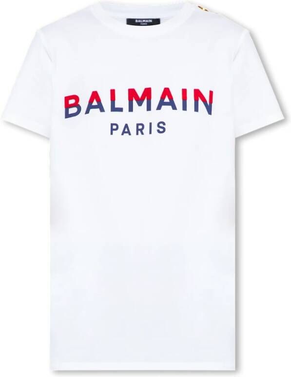 Balmain Witte Katoenen Crewneck T-shirt met Branded Knopen Wit Dames