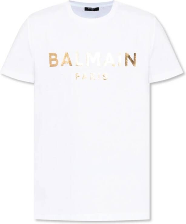 Balmain Wit Biologisch Katoenen T-Shirt met Gouden Logo Print Wit Heren