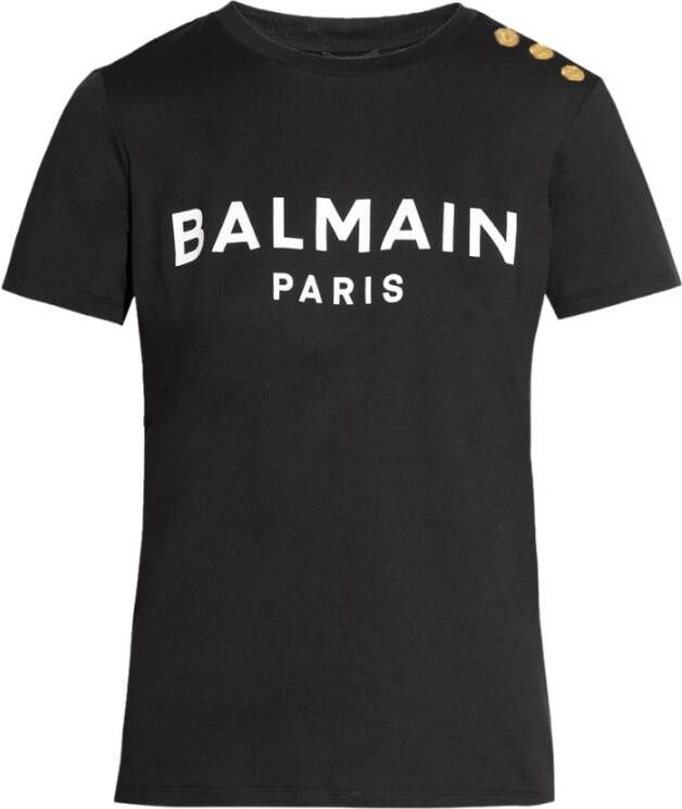 Balmain Eco-verantwoordelijk katoenen T-shirt met logo print Black Dames