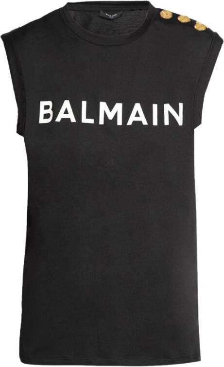 Balmain Eco-verantwoord katoenen T-shirt met logo print Black Dames