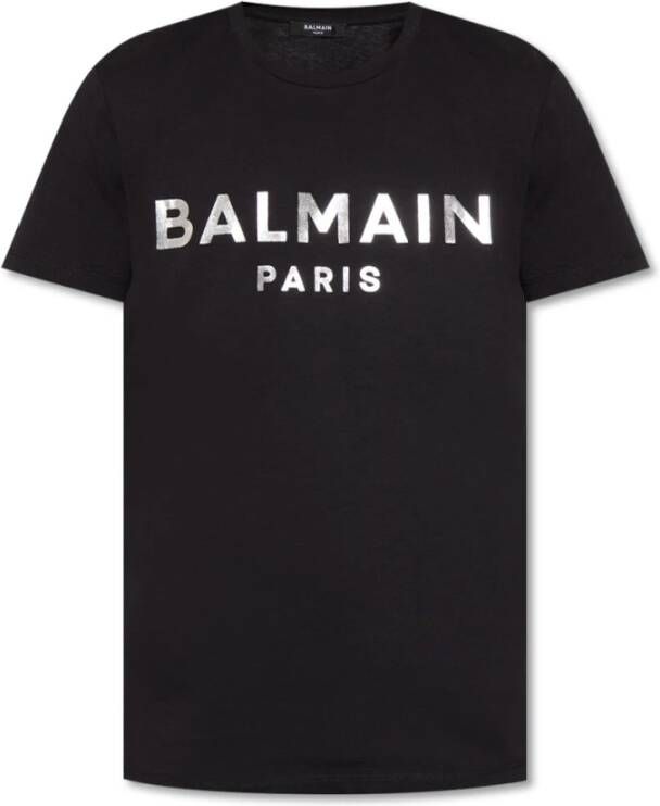 Balmain Stijlvolle Zwarte T-shirt met Zilveren Logo Print Black Heren