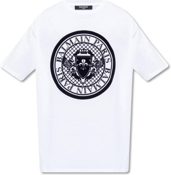 Balmain Katoenen T-shirt met geflockte medaillon White Heren