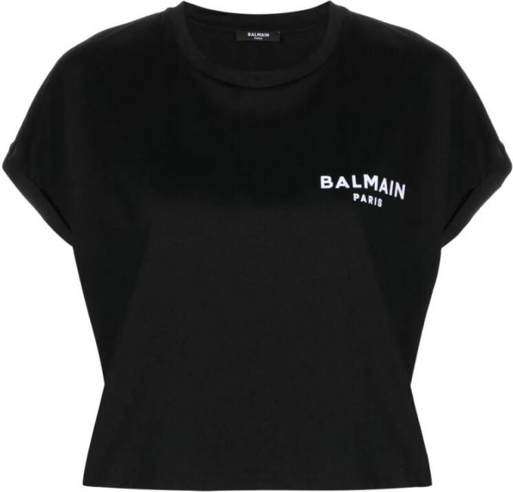 Balmain Geknipt eco-ontworpen katoenen T-shirt met klein geflockt logo. Black Dames