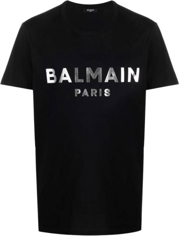 Balmain Stijlvolle Zwarte T-shirt met Zilveren Logo Print Black Heren