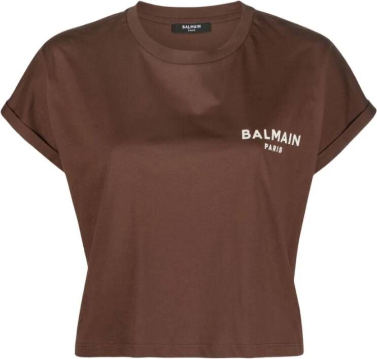 Balmain Bruine Katoenen Crop Top met Flock Logo Brown Dames