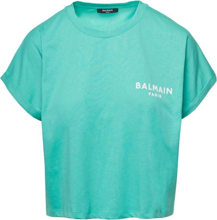 Balmain Eco-responsible cropped cotton T-shirt with logo print Blauw Dames