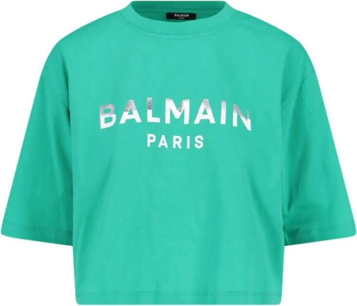Balmain Groene T-shirts en Polos met Logo Print Green Dames