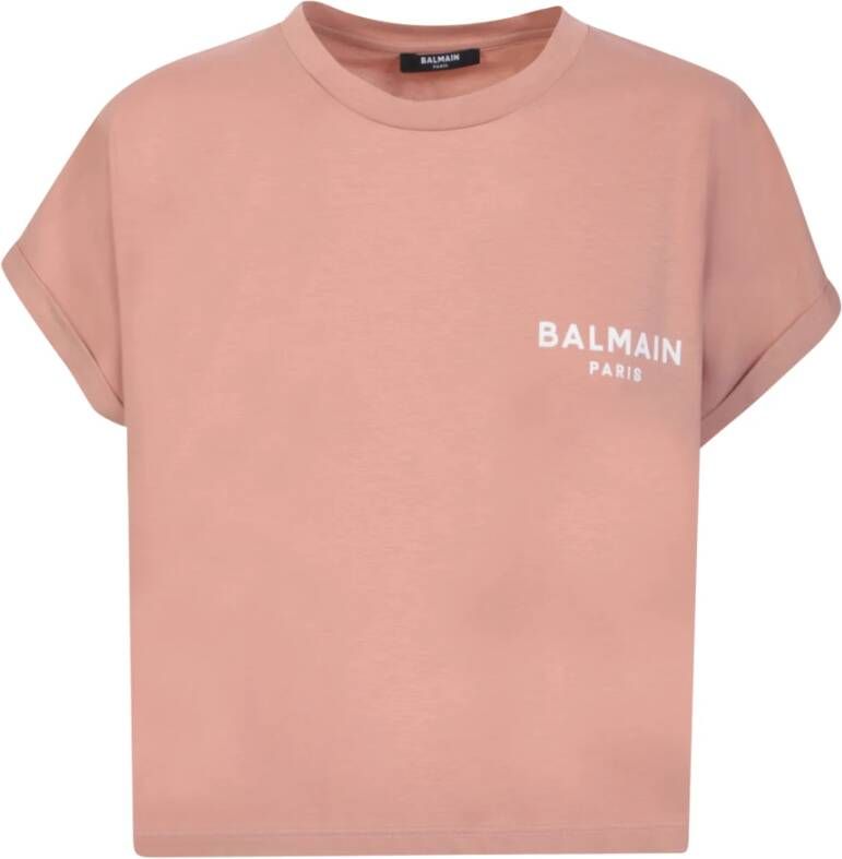 Balmain Logo Crop T-Shirt in Powder Pink White Pink Dames