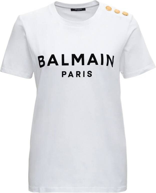Balmain T-shirt met knoopdetail en logo White Dames