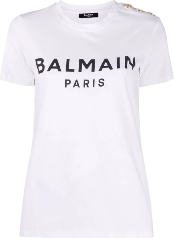 Balmain Witte Jersey Katoenen T-shirt met Flock Logo White Dames