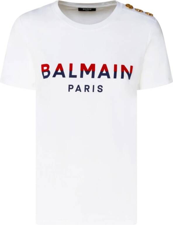 Balmain Witte Katoenen Crewneck T-shirt met Branded Knopen Wit Dames