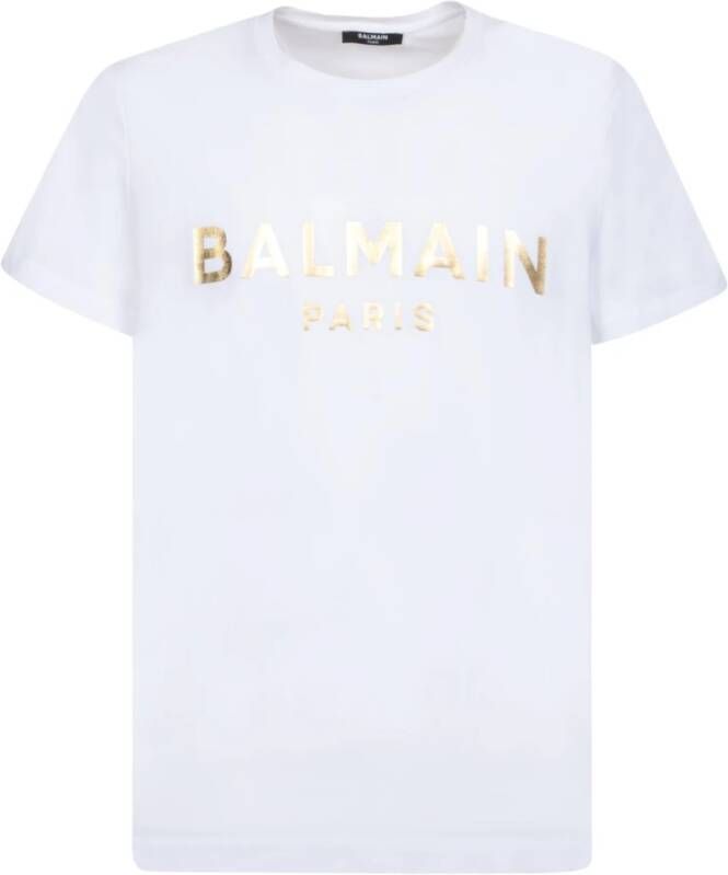 Balmain Metallic Logo T-Shirt Wit Goud White Heren