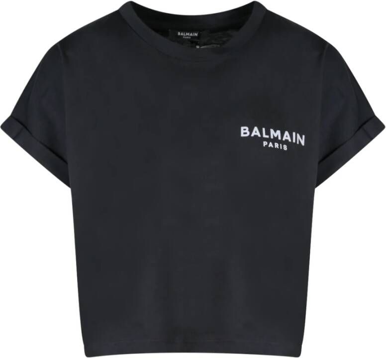Balmain Geknipt eco-ontworpen katoenen T-shirt met klein geflockt logo. Black Dames