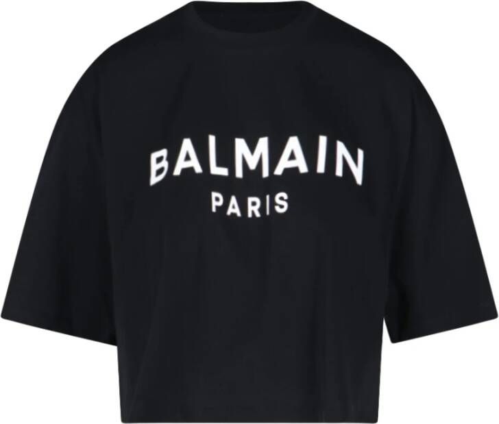 Balmain Eco-verantwoord cropped katoenen T-shirt met logo print Zwart Dames