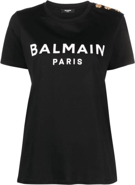 Balmain Zwart wit T-shirt met knoopversiering en logo Zwart Dames