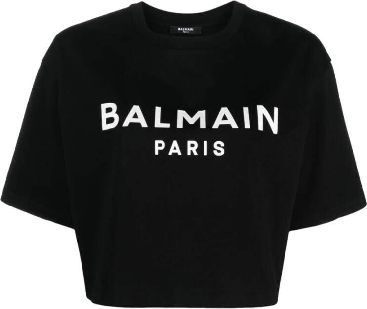 Balmain Logo-Print Crop T-Shirt in Zwart Dames