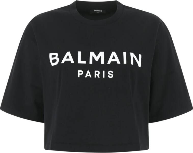 Balmain Zwart Biologisch Katoenen T-Shirt Crop Fit Black Dames