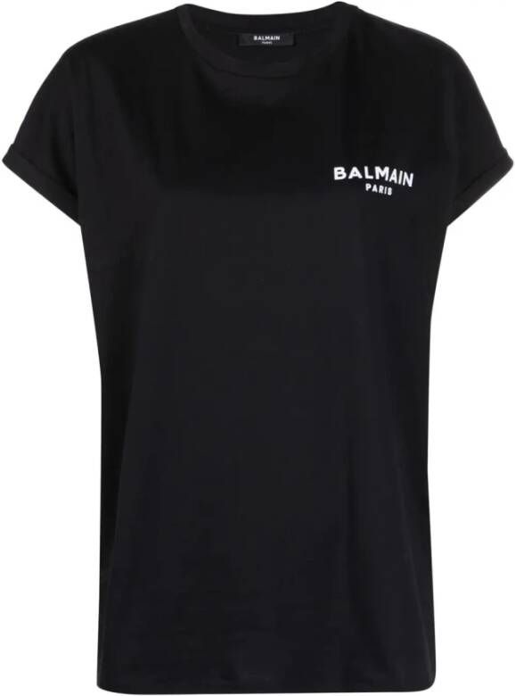 Balmain Organisch Katoenen Flocked Logo T-Shirt Zwart Dames