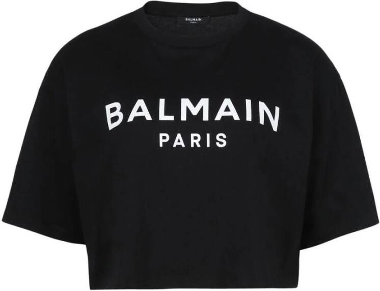 Balmain Eco-verantwoord cropped katoenen T-shirt met logo print Zwart Dames