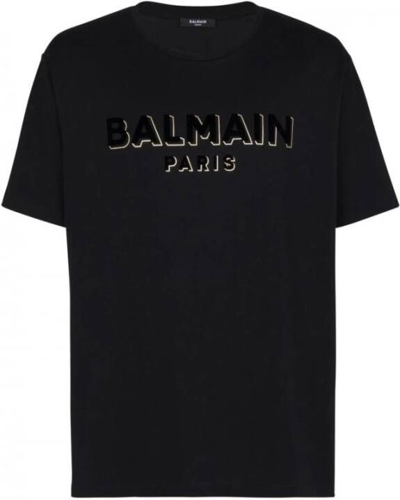 Balmain Crewneck Oversized T-shirt with Velvet Logo Black Zwart Heren