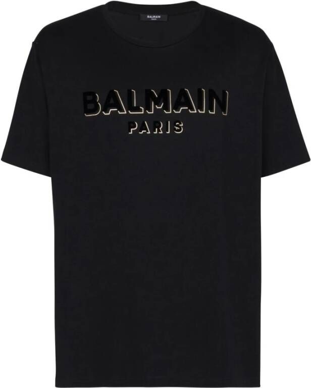Balmain Zwart Logo T-shirt met Geribbelde Crew Neck Black Heren