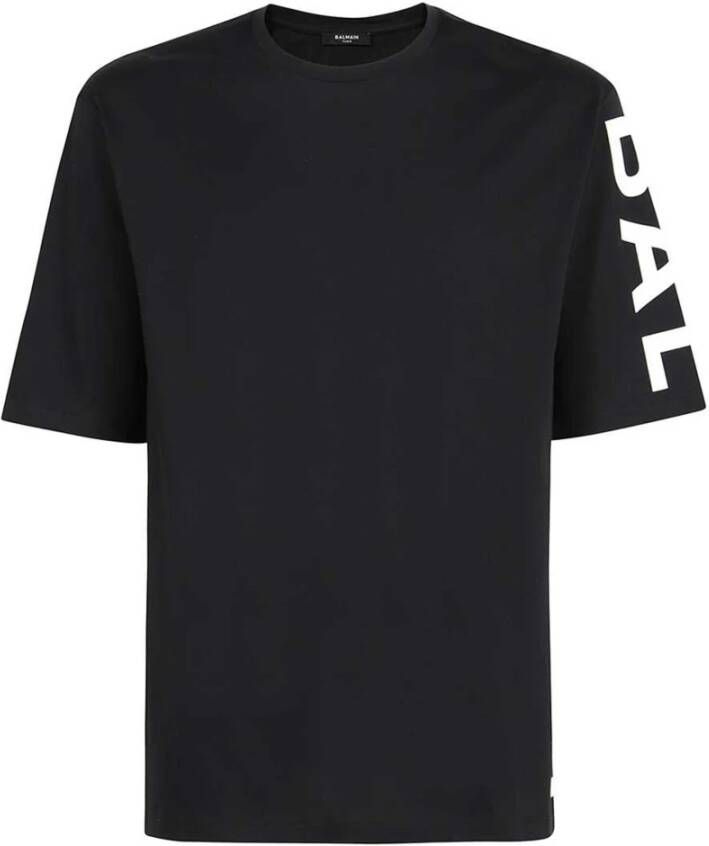 Balmain Logo-Print Katoenen T-Shirt met Ronde Hals Zwart Heren