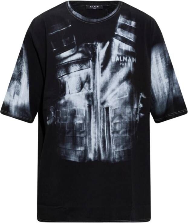 Balmain Katoenen T-shirt met lichaamsbeschermingsprint Black Heren