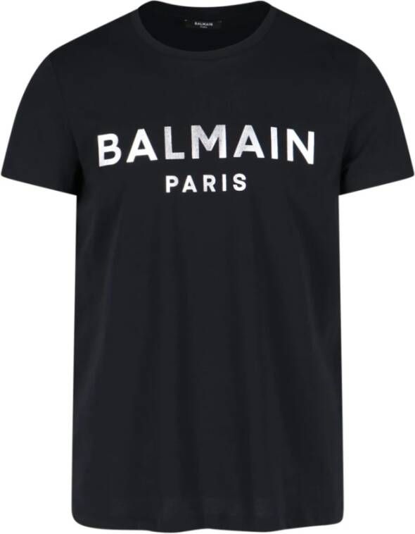 Balmain T-shirt van milieuvriendelijk katoen met metallic logoprint. Black Heren