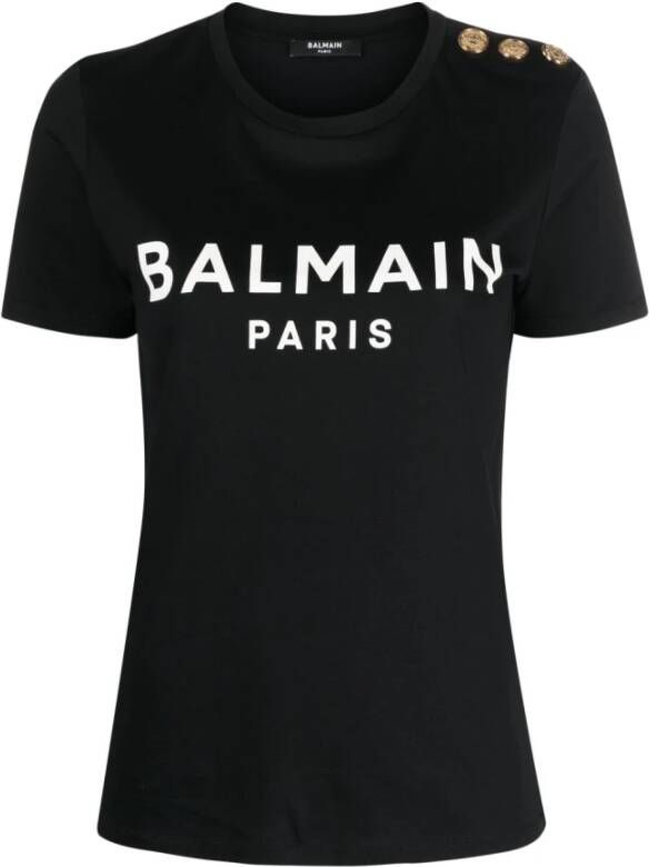 Balmain Zwarte Crew Neck T-shirts en Polos met Goudkleurige Knopen Zwart Dames